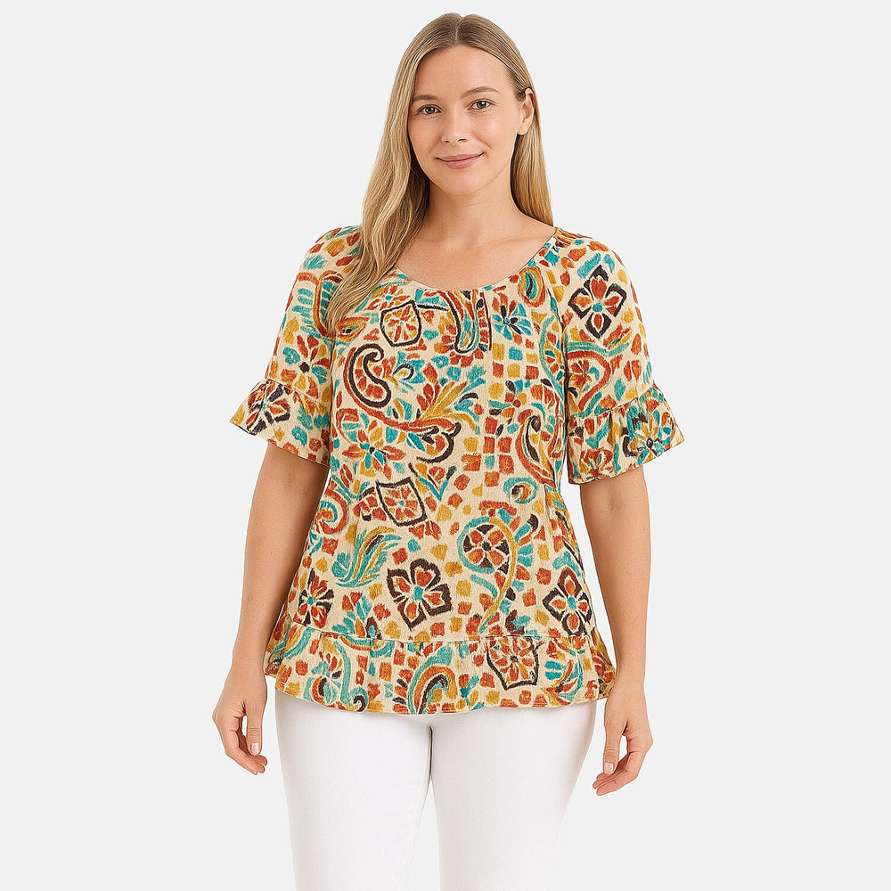 Nabella Womens Abstract Paisley Print Relaxed Fit Top (Size 14) - Red Multi