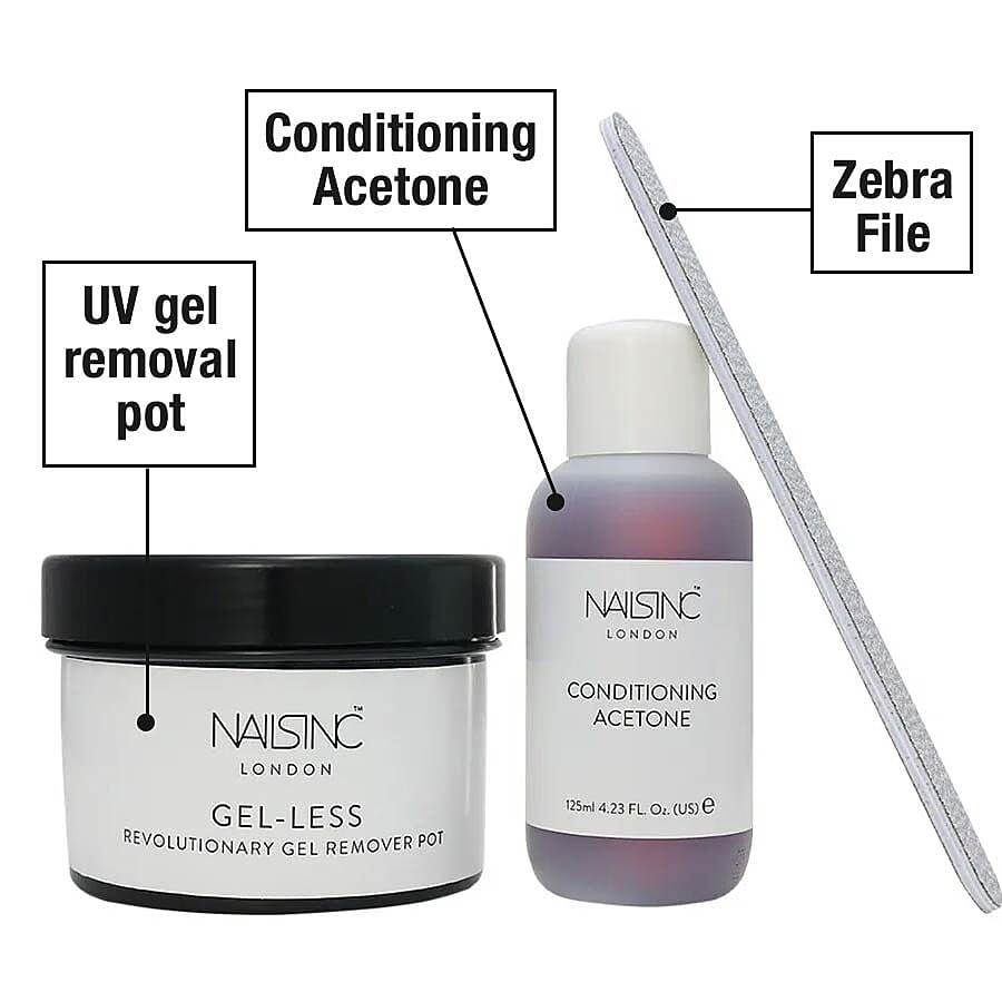 Nails Inc- Gel-Less Remover Kit (Incl. Remover Pot, Conditioning Acetone - Zebra File)