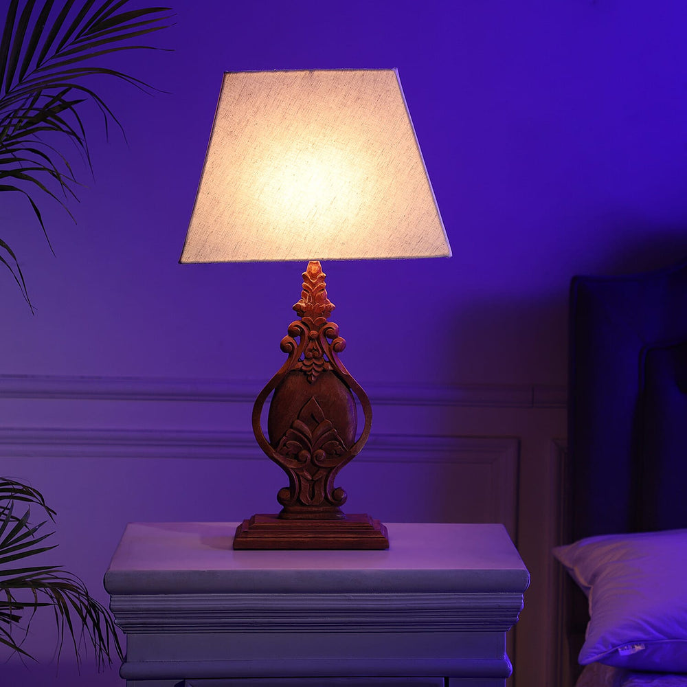 Nakkash Hand Carved Antique Style Mango Wood Lamp with Linen Lamp Shade (Size 35x22x51 cm) - Tan