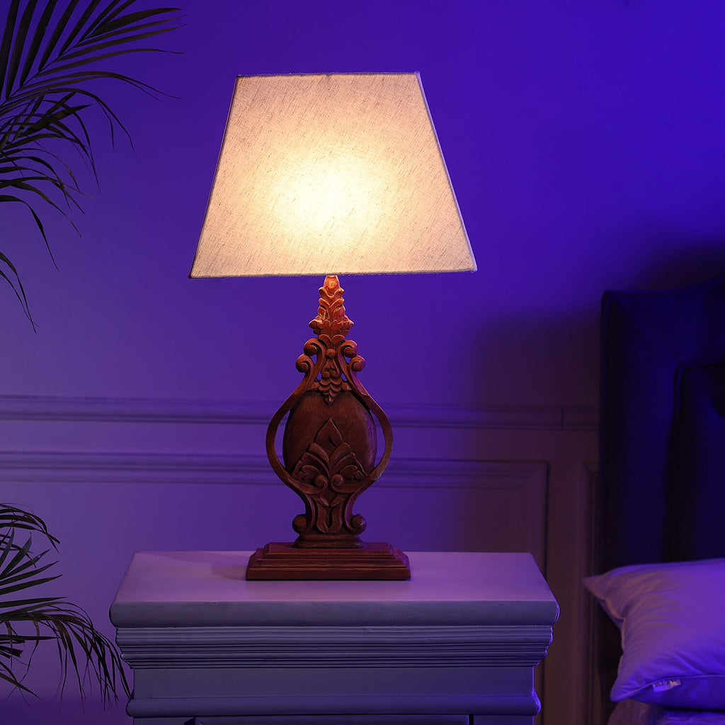 Nakkash Hand Carved Antique Style Mango Wood Lamp with Linen Lamp Shade (Size 35x22x51 cm) - Tan
