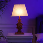 Nakkash Hand Carved Antique Style Mango Wood Lamp with Linen Lamp Shade (Size 35x22x51 cm) - Tan