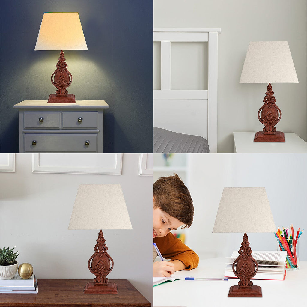 Nakkash Hand Carved Antique Style Mango Wood Lamp with Linen Lamp Shade (Size 35x22x51 cm) - Tan