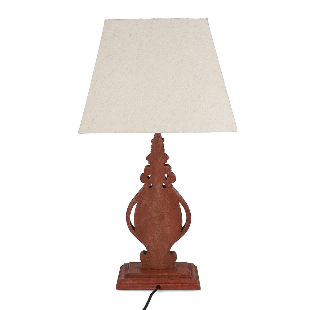 Nakkash Hand Carved Antique Style Mango Wood Lamp with Linen Lamp Shade (Size 35x22x51 cm) - Tan