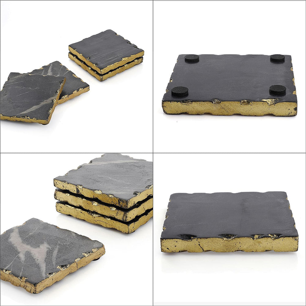 Nakkashi Set of 4 Square Shape Marble Coasters (Size 10x10cm) - Black