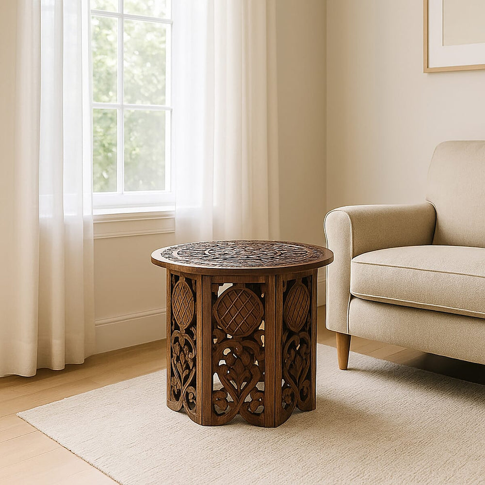NAKKASHI Hand Carved Mango Wood Table (Size 68x68x51Cm) Natural Finish
