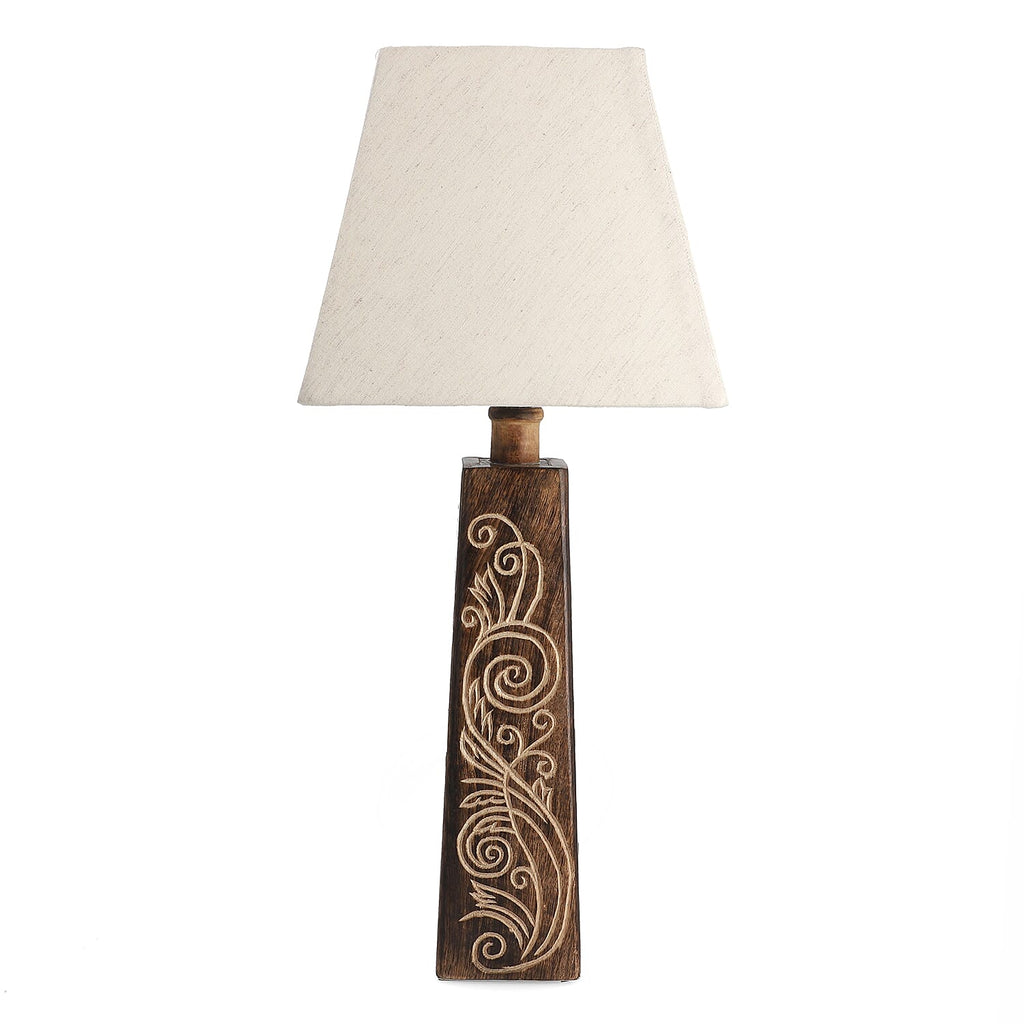 Nakkashi Hand Carved Mango Wood Tower Column with Linen Lamp Shade (Size 23x23x54 cm)