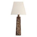 Nakkashi Hand Carved Mango Wood Tower Column with Linen Lamp Shade (Size 23x23x54 cm)