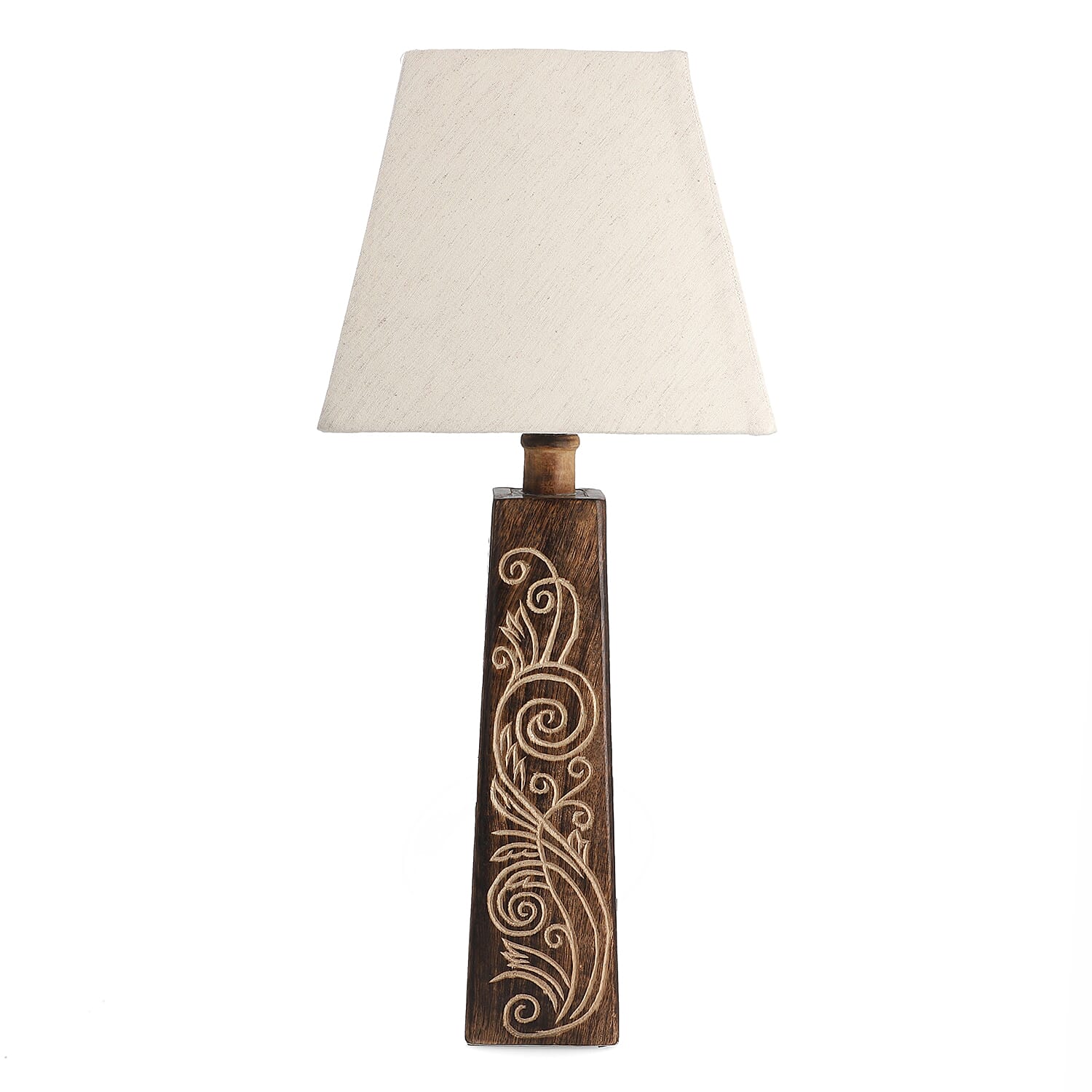Nakkashi Hand Carved Mango Wood Tower Column with Linen Lamp Shade (Size 23x23x54 cm)