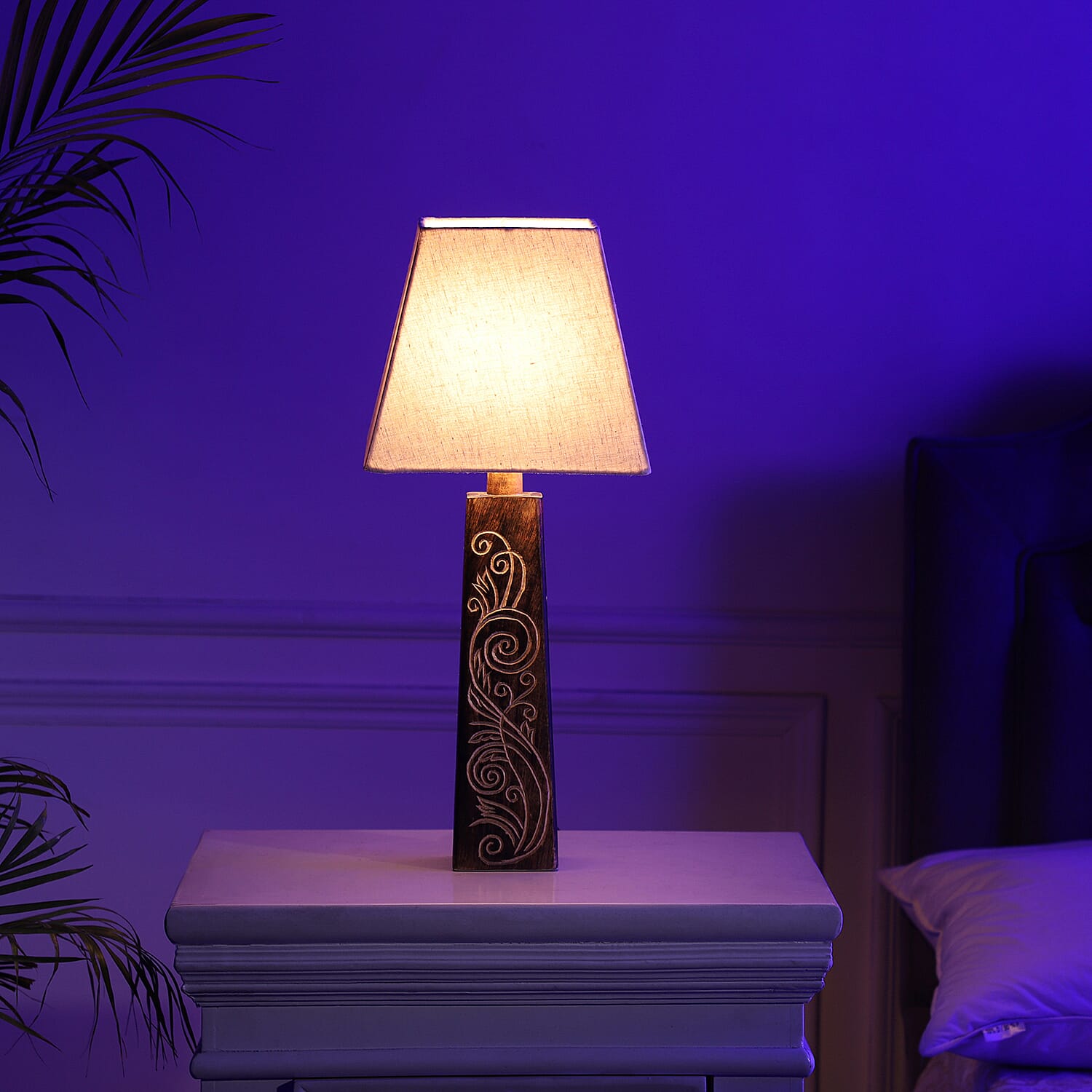 Nakkashi Hand Carved Mango Wood Tower Column with Linen Lamp Shade (Size 23x23x54 cm)