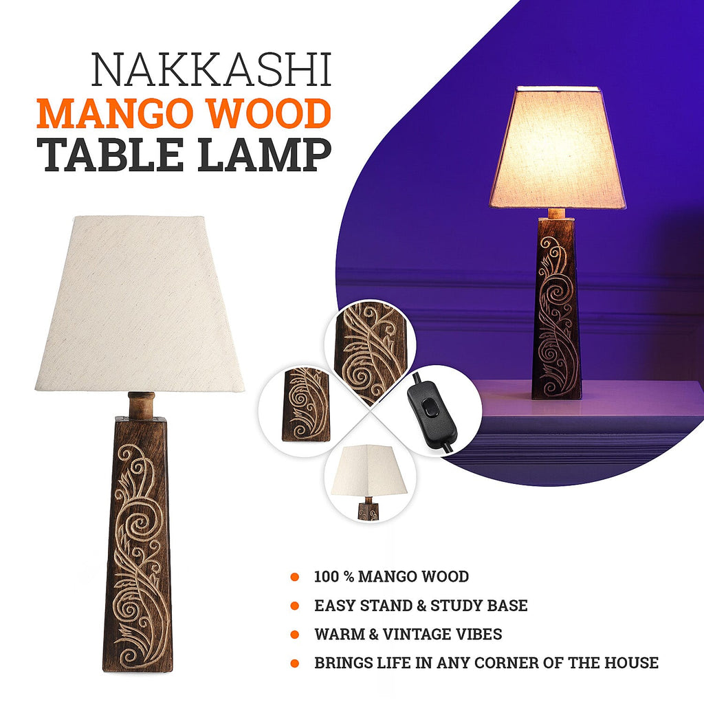 Nakkashi Hand Carved Mango Wood Tower Column with Linen Lamp Shade (Size 23x23x54 cm)
