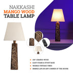 Nakkashi Hand Carved Mango Wood Tower Column with Linen Lamp Shade (Size 23x23x54 cm)