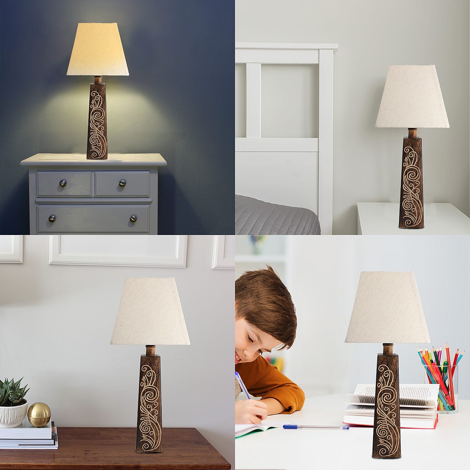 Nakkashi Hand Carved Mango Wood Tower Column with Linen Lamp Shade (Size 23x23x54 cm)