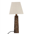 Nakkashi Hand Carved Mango Wood Tower Column with Linen Lamp Shade (Size 23x23x54 cm)