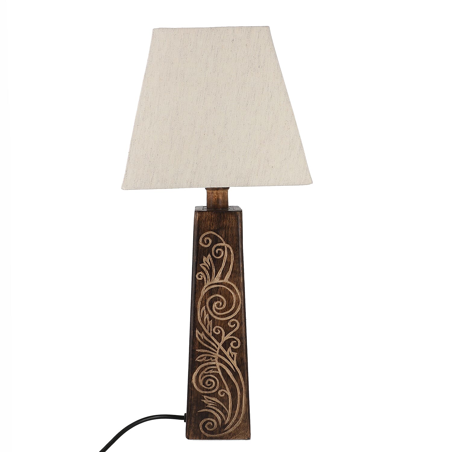 Nakkashi Hand Carved Mango Wood Tower Column with Linen Lamp Shade (Size 23x23x54 cm)