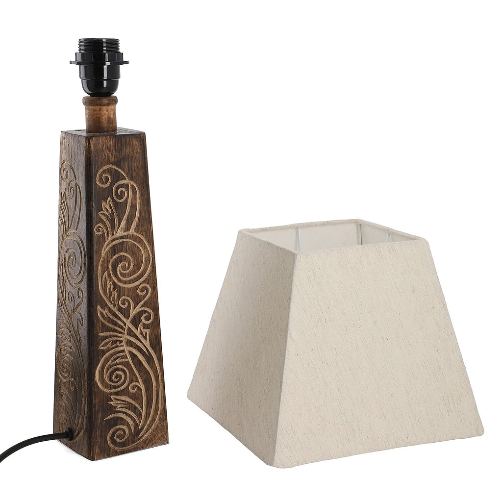 Nakkashi Hand Carved Mango Wood Tower Column with Linen Lamp Shade (Size 23x23x54 cm)