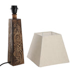 Nakkashi Hand Carved Mango Wood Tower Column with Linen Lamp Shade (Size 23x23x54 cm)