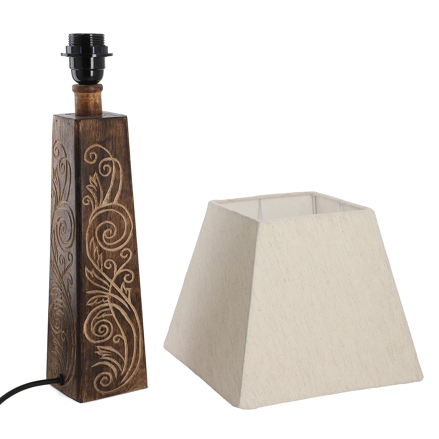 Nakkashi Hand Carved Mango Wood Tower Column with Linen Lamp Shade (Size 23x23x54 cm)