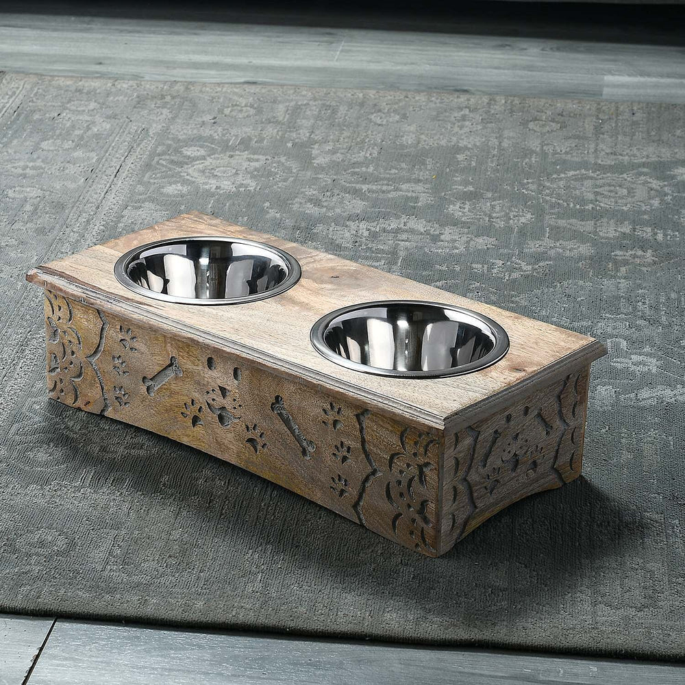 Nakkashi Handcarved Bone Print Pet Feeder - Brown