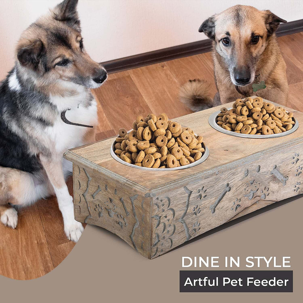 Nakkashi Handcarved Bone Print Pet Feeder - Brown