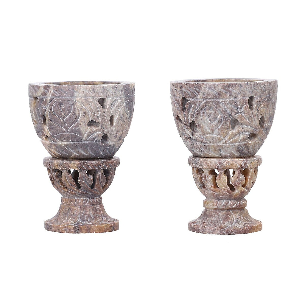 Nakkashi Set of 2 - Decorative Rose Handcarved Soapstone Egg Holders (8x4Cm)