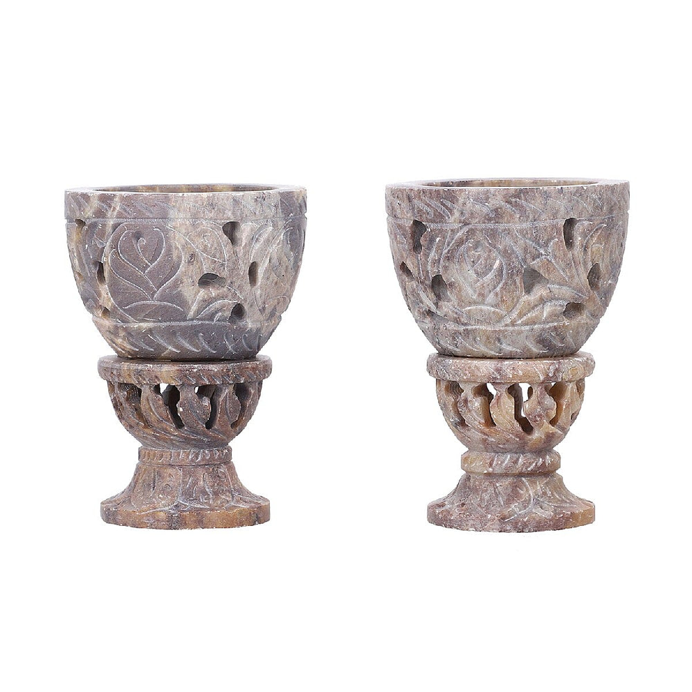 Nakkashi Set of 2 - Decorative Rose Handcarved Soapstone Egg Holders (8x4Cm)