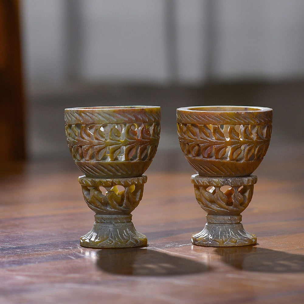 Nakkashi Set of 2 - Decorative Wave Handcarved Soapstone Egg Holders (8x4Cm)