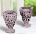 Nakkashi Set of 2 decorative hand carved soapstone egg holders (7.5X3.5 CM) - IVORY-GREY.