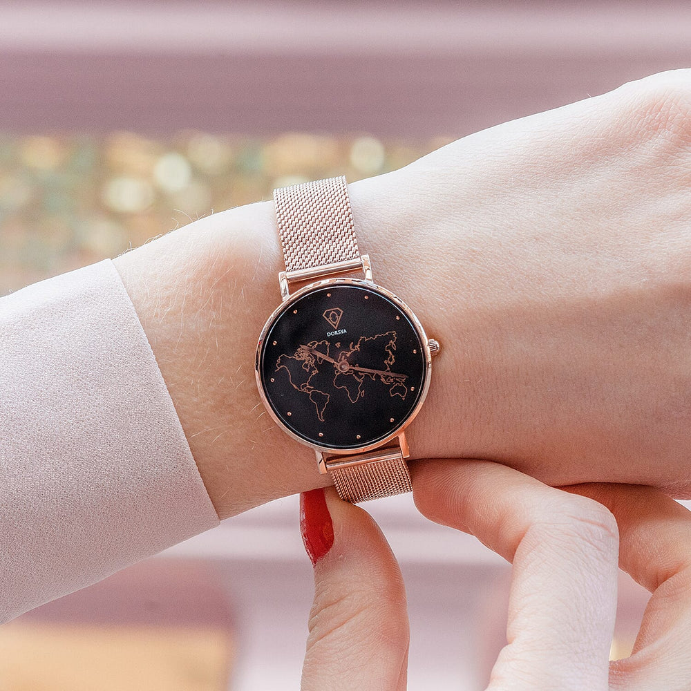 Neptune Carte du Monde Black-Rose Gold Mesh Watch