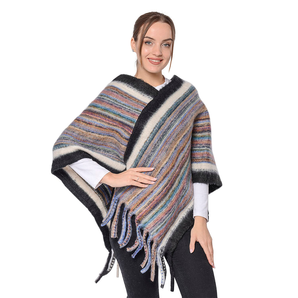 New Arrival Spring Style Striped Poncho with Black Border and Tassel Hem