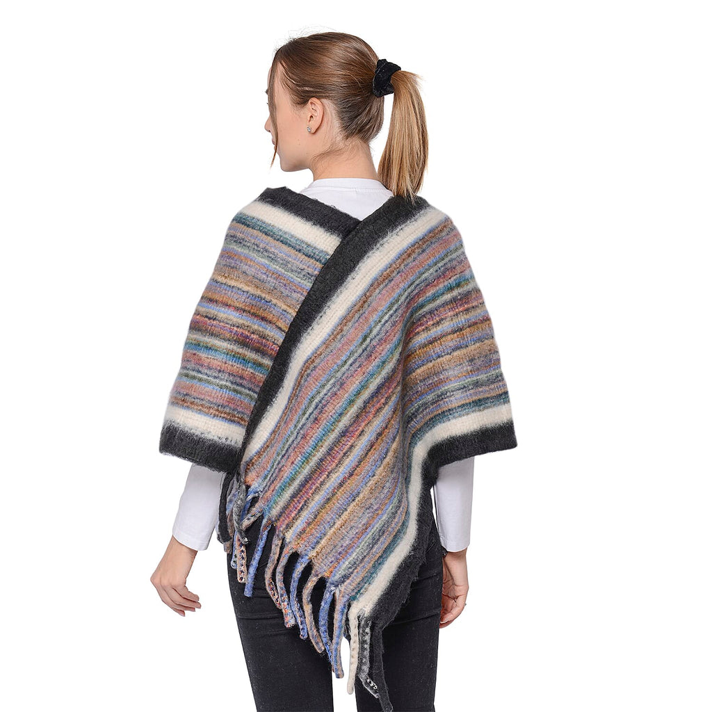 New Arrival Spring Style Striped Poncho with Black Border and Tassel Hem