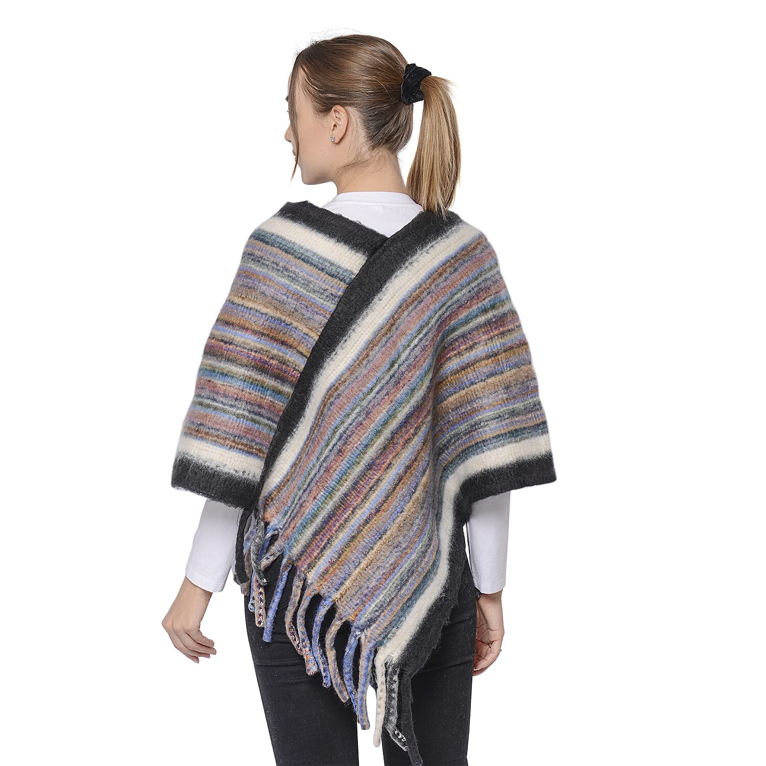 New Arrival Spring Style Striped Poncho with Black Border and Tassel Hem