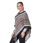 New Arrival Spring Style Striped Poncho with Black Border and Tassel Hem
