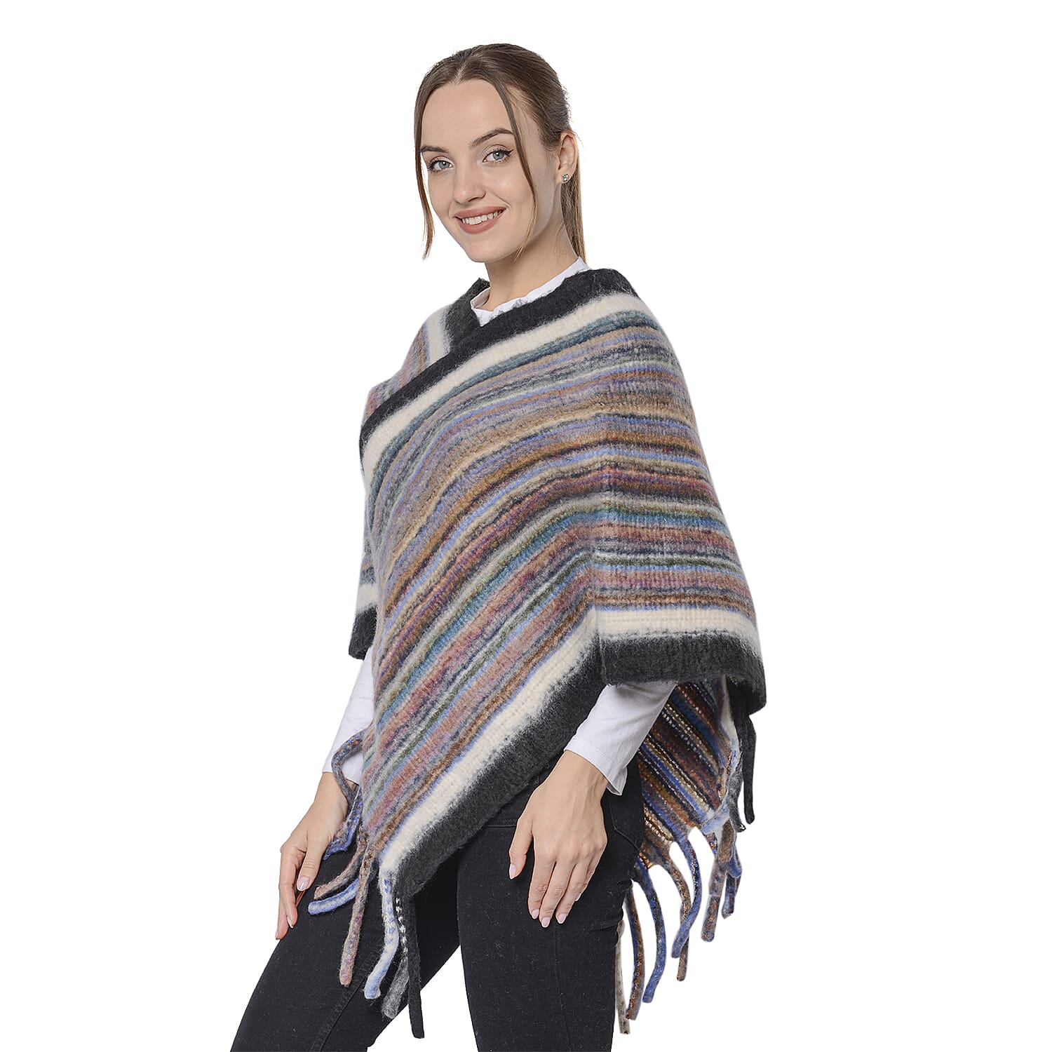 New Arrival Spring Style Striped Poncho with Black Border and Tassel Hem