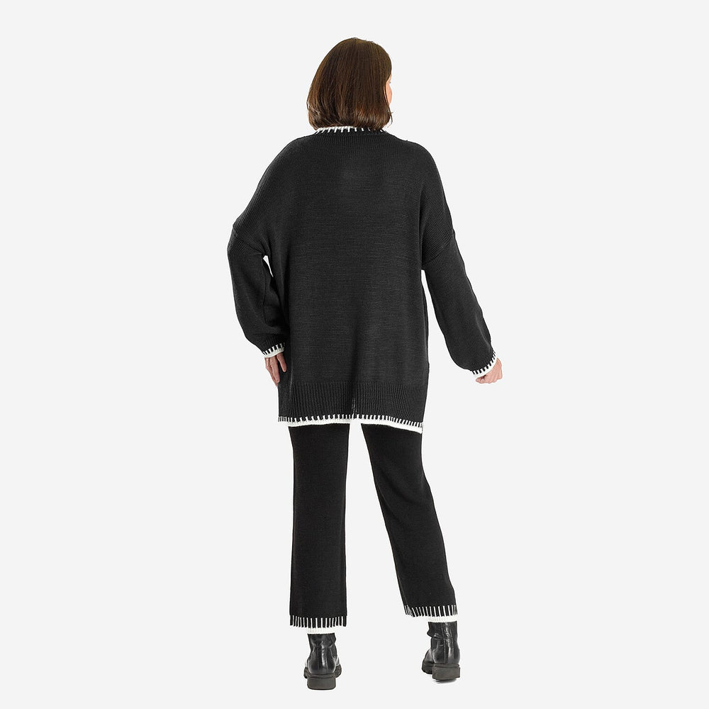 Women’s Knitted Cropped Wide-Leg Trousers with Contrast Stitch Hem