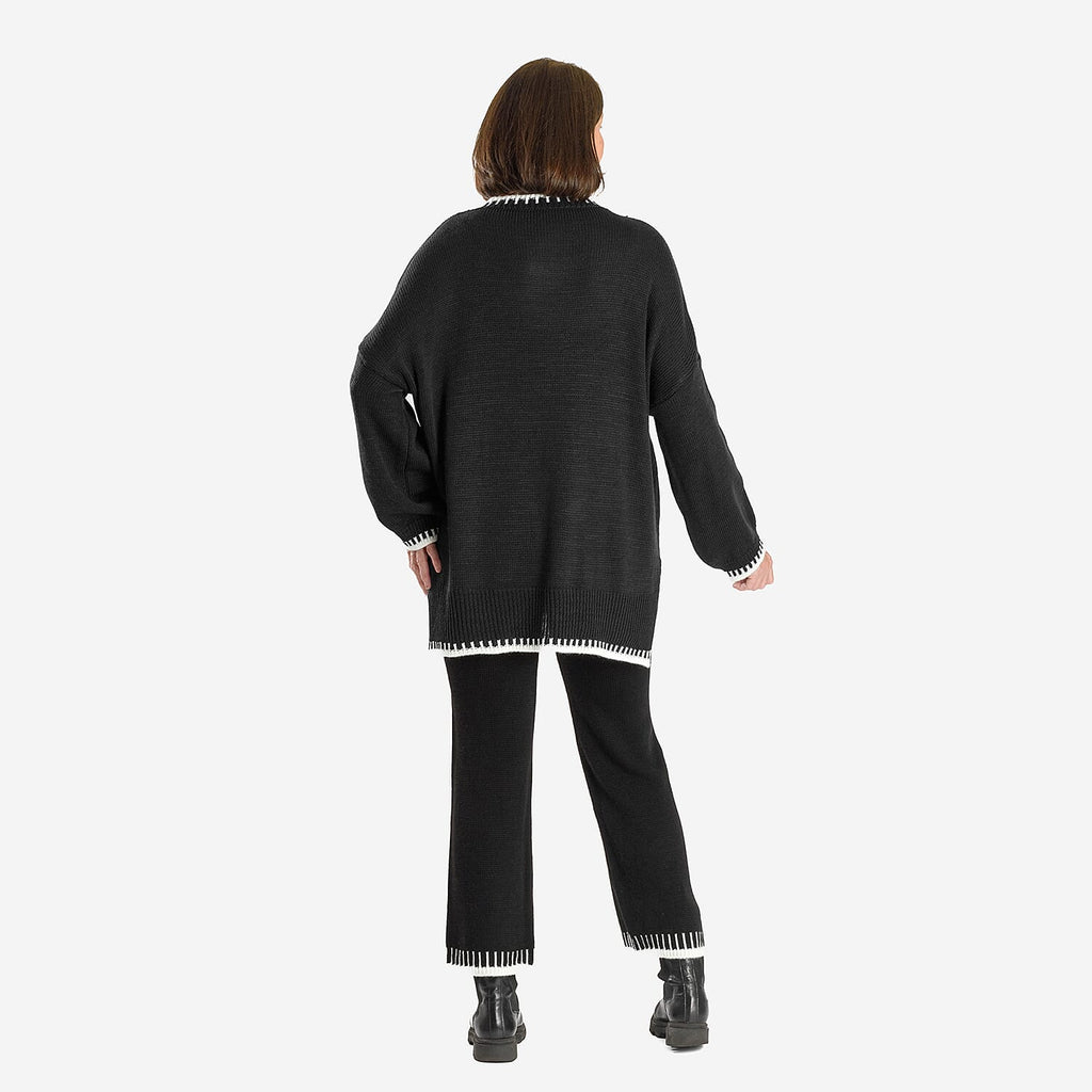 Women’s Knitted Cropped Wide-Leg Trousers with Contrast Stitch Hem