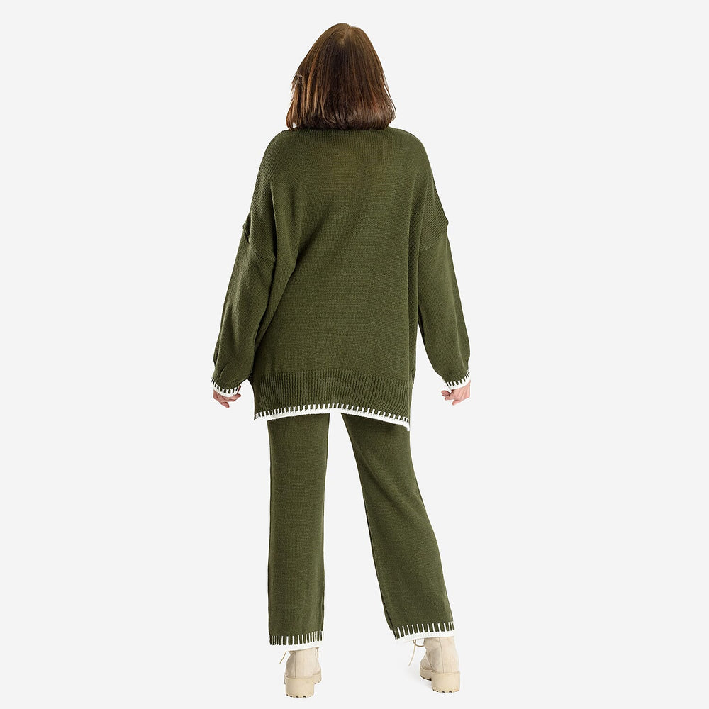 Women’s Knitted Cropped Wide-Leg Trousers with Contrast Stitch Hem