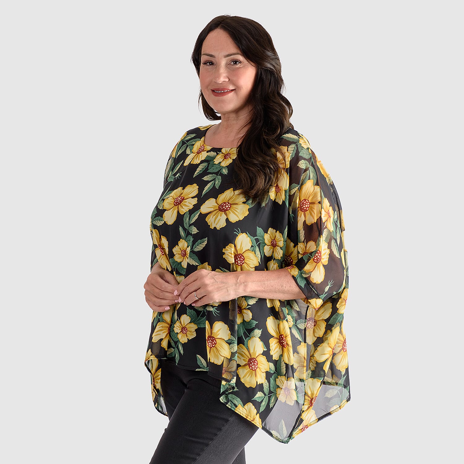 NICOLE Scoop Neck Floral Print Top (One Size) - Black