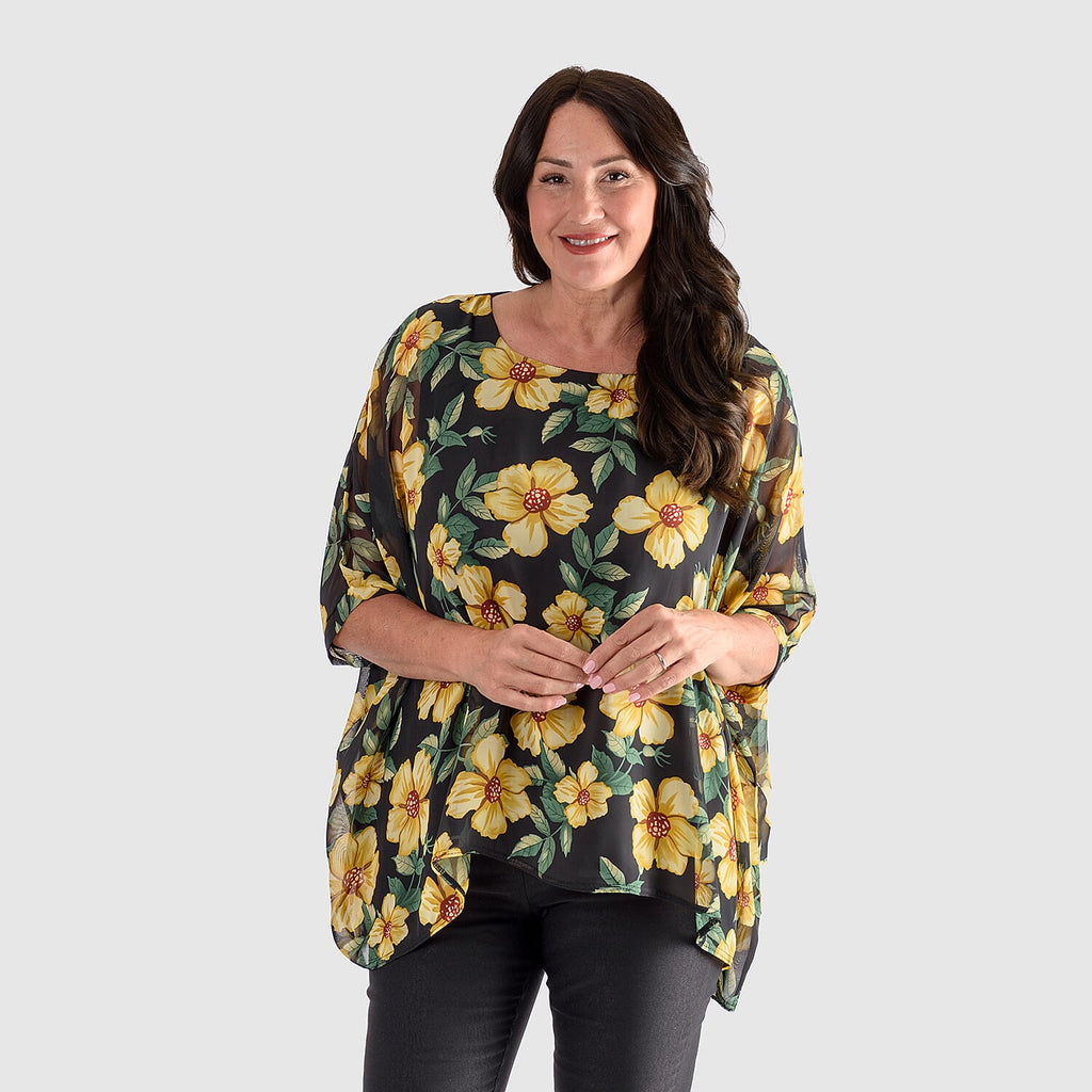 NICOLE Scoop Neck Floral Print Top (One Size) - Black