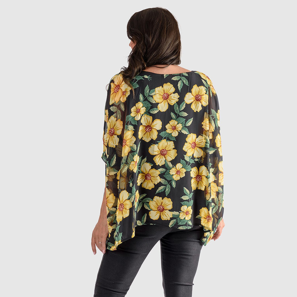 NICOLE Scoop Neck Floral Print Top (One Size) - Black