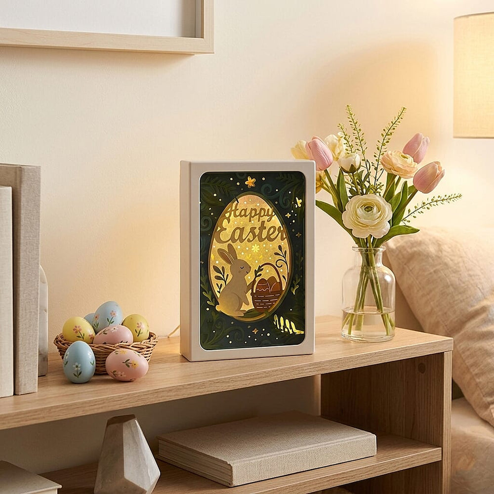 Happy Easter LED Light Shadow Box - Warm Ambient Light (16 x 6 x 23cm) - Green