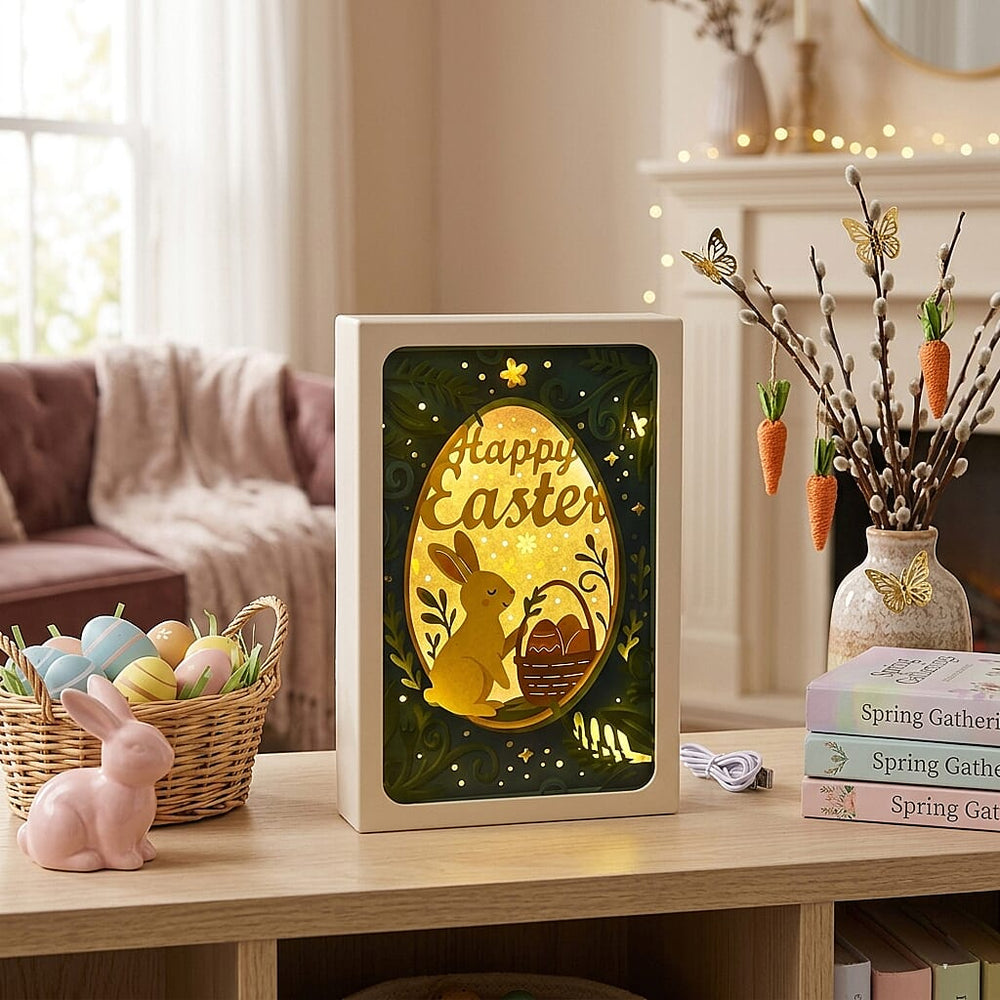 Happy Easter LED Light Shadow Box - Warm Ambient Light (16 x 6 x 23cm) - Green