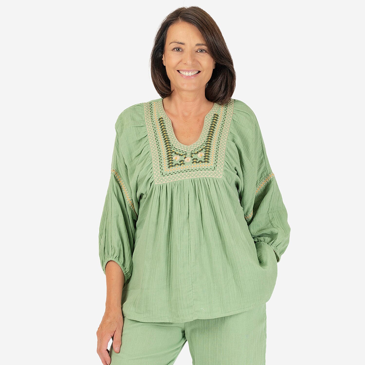 100% Cotton Tamsy Embroiderd Gauze Top Size L (16-18) - Green