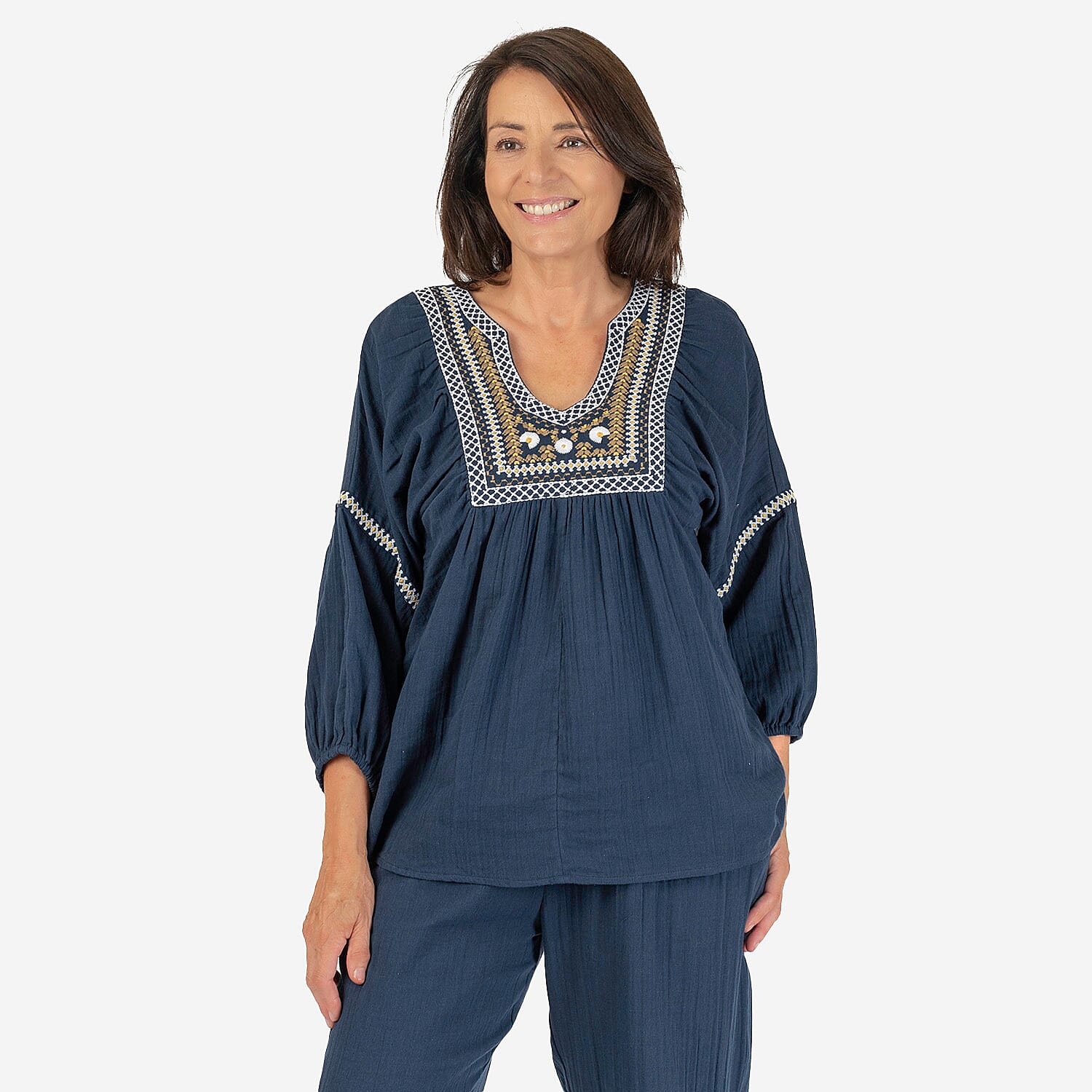 100% Cotton Tamsy Embroiderd Gauze Top Size XL (20-22)- Navy