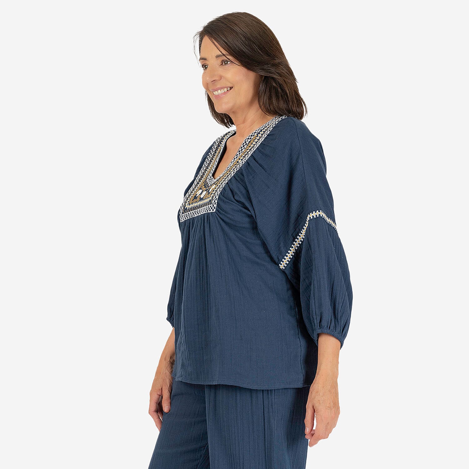 100% Cotton Tamsy Embroiderd Gauze Top Size XL (20-22)- Navy