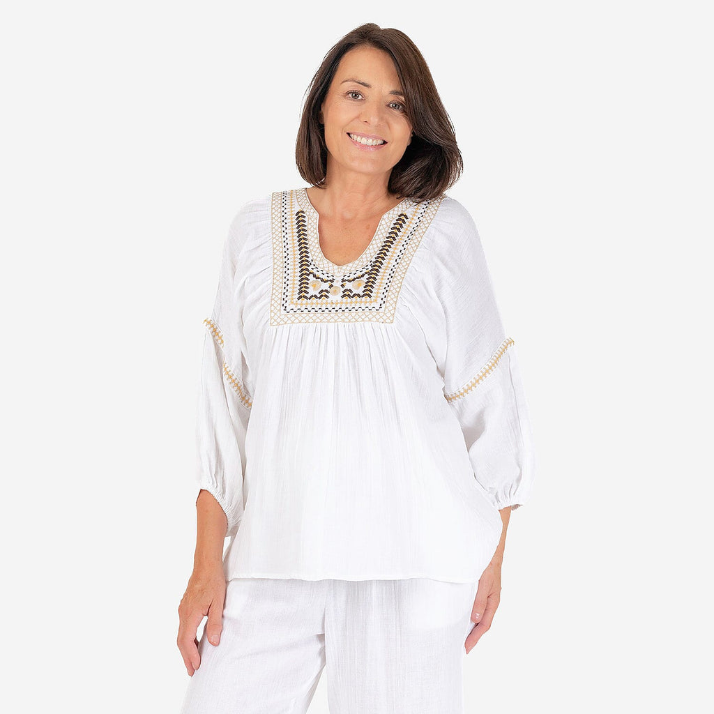 100% Cotton Tamsy Embroiderd Gauze Top Size M (12-14) -White