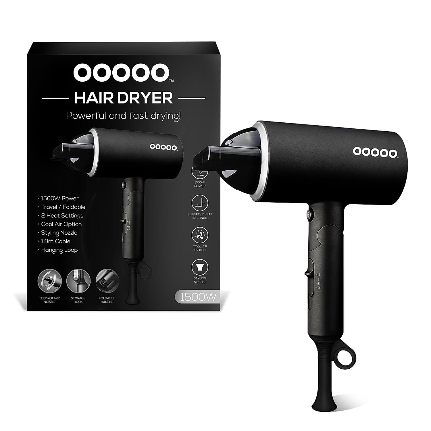 OOOOO Hair Dryer with 2 Heat Setting - Lightweight Foldable Handle - 1500W