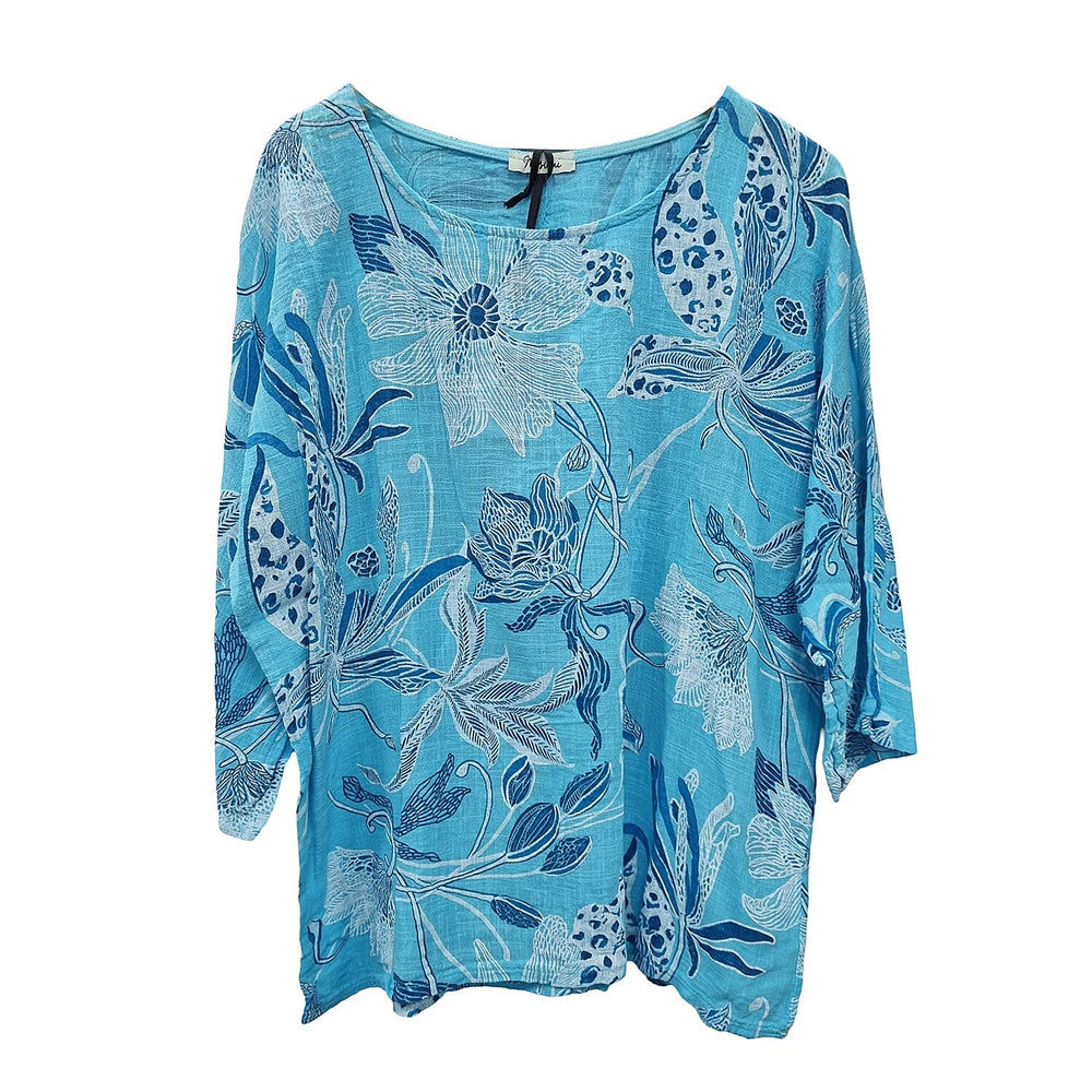 Nova of London 100 % Cotton Botanical Flower Top (One Size) with Necklace (Size 32) - Light Blue
