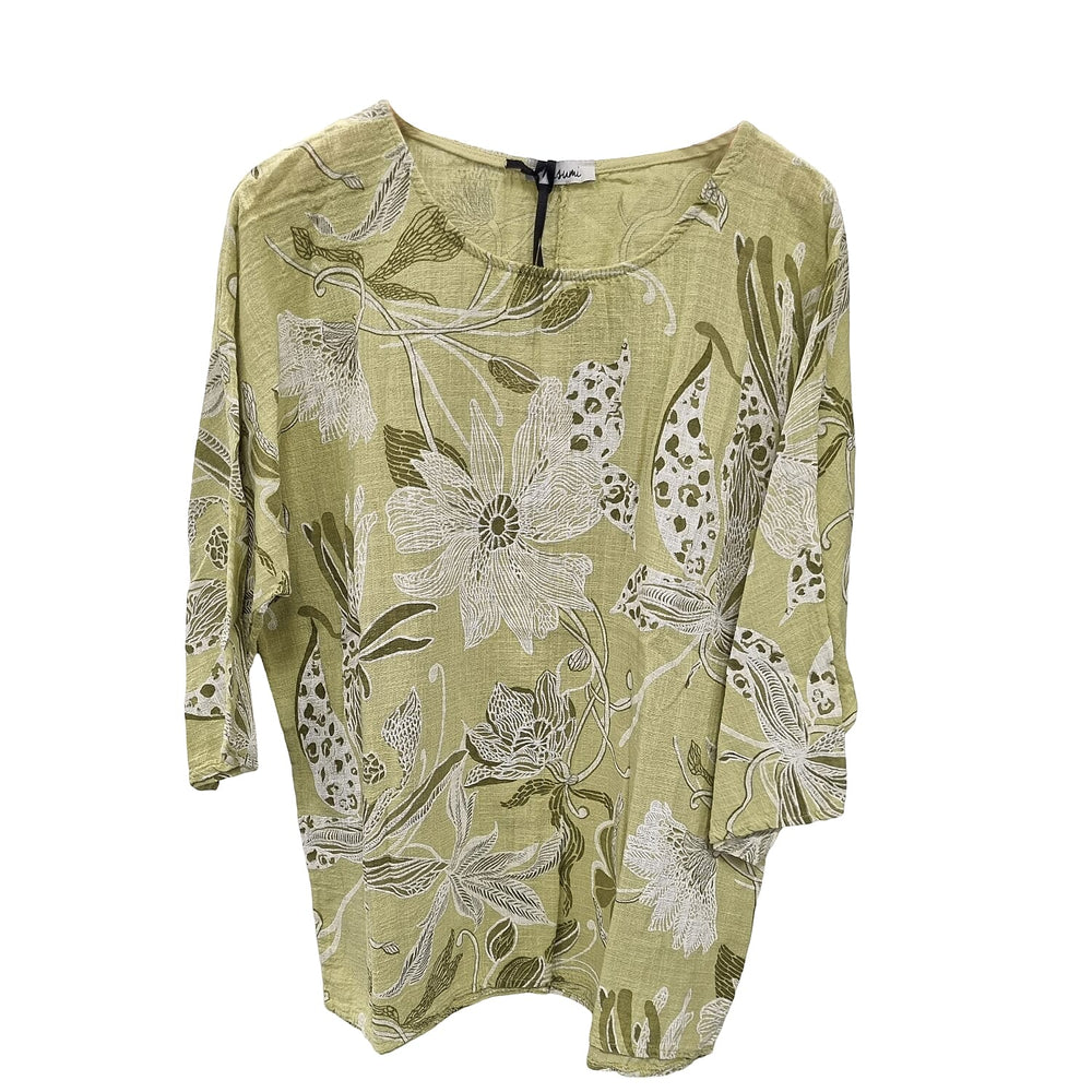 Misumi Italian Closeout - Nova of London 100 % Cotton Botanical Flower Top (One Size) without Necklace (Size 32) - Olive