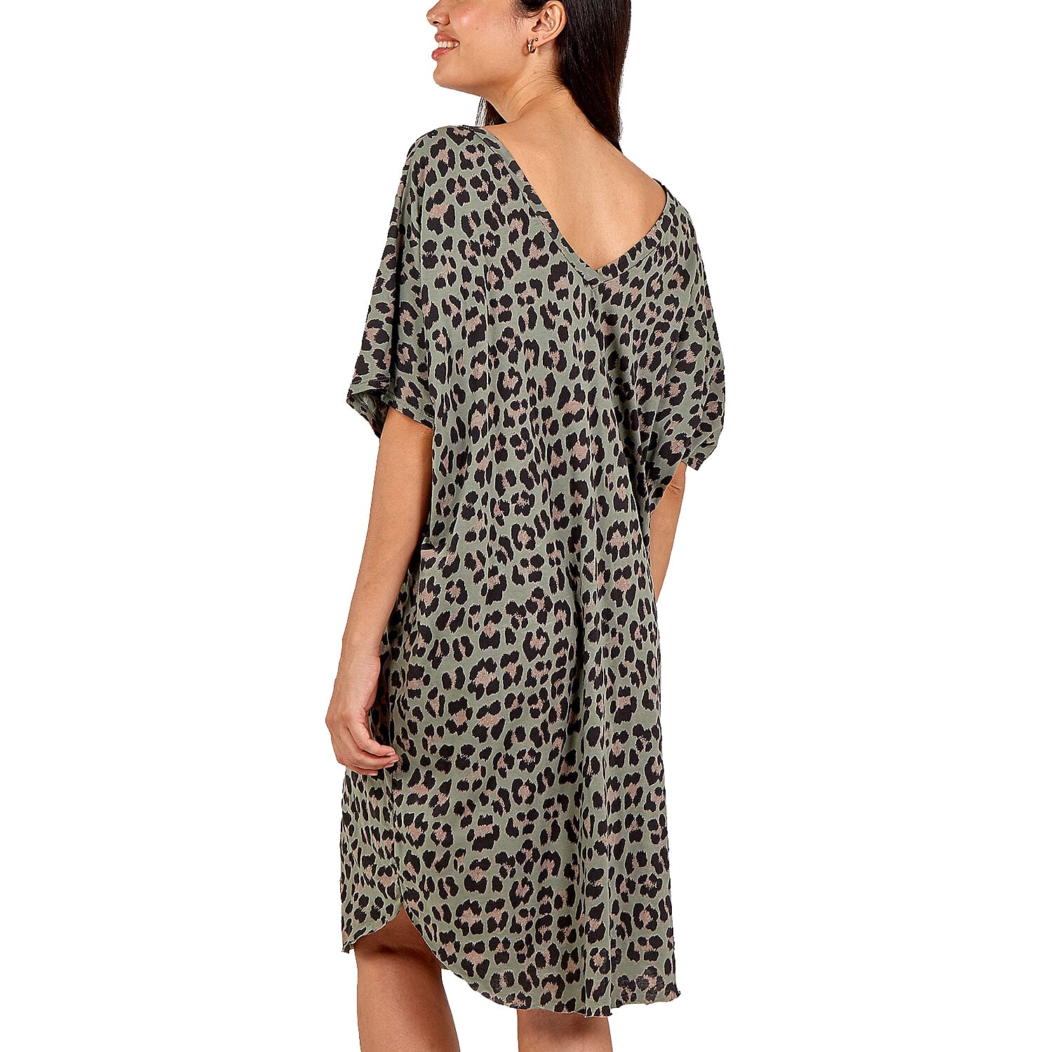 Nova of London Off Shoulder Leopard Print V-Neck Oversized Dress  in Khaki (Length 92cm) (Size up to 20)