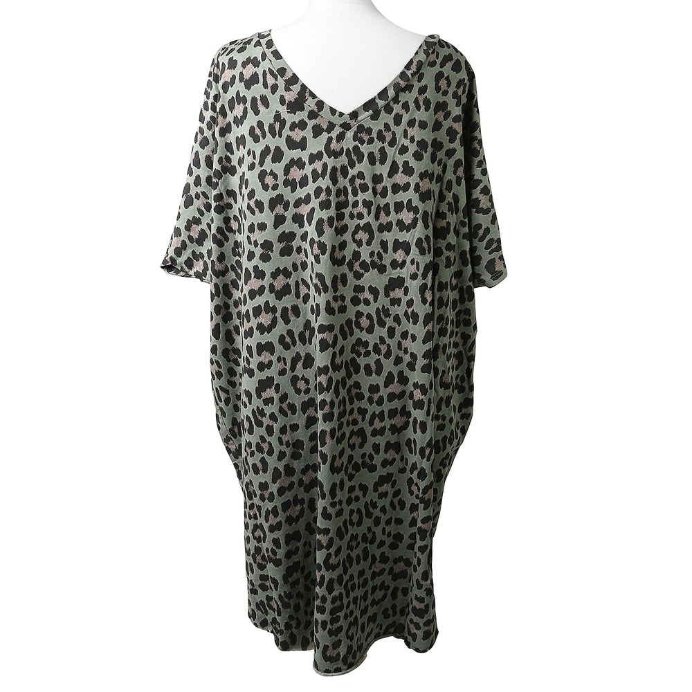Nova of London Off Shoulder Leopard Print V-Neck Oversized Dress  in Khaki (Length 92cm) (Size up to 20)